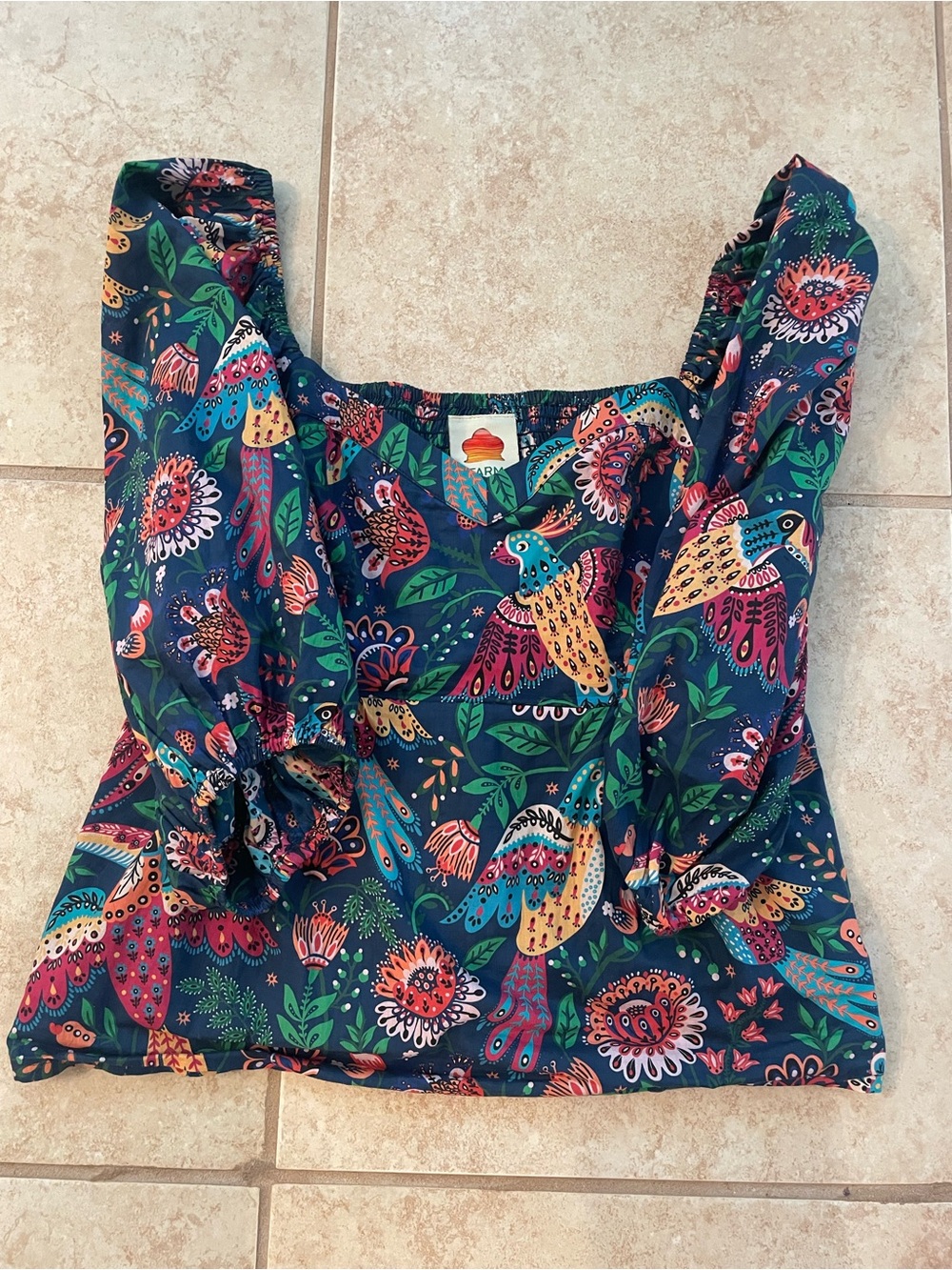 FARM Rio Navy Multicolor Puff Sleeve Bird Print Blouse